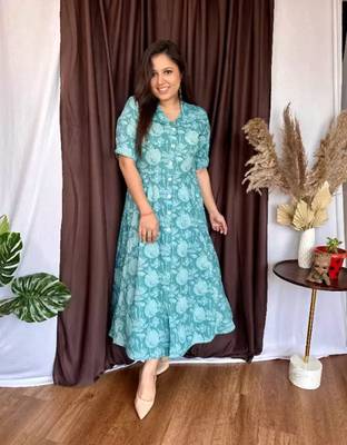 Jaipuri cotton blend stitched flared a-line  light green gown 4