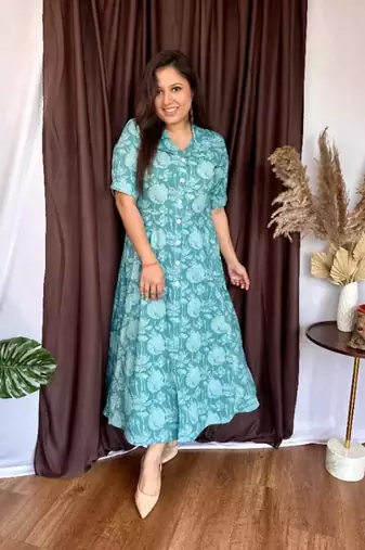 Jaipuri cotton blend stitched flared a-line  light green gown