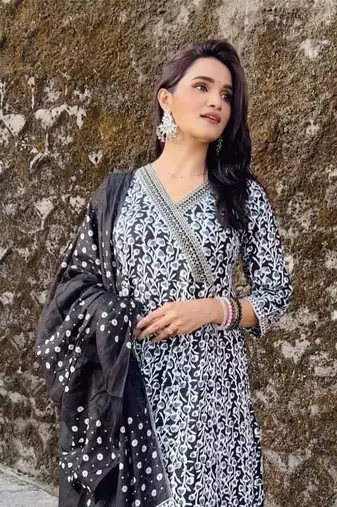 Jaipuri black pure cotton anarkali gown and pants with dupatta
