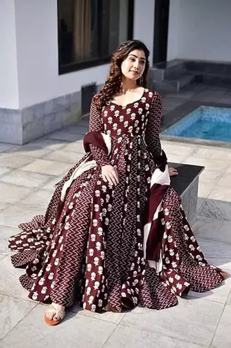 Jaipuri coffee maroon anarkali gown with dupatta set