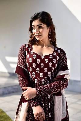 Jaipuri coffee maroon anarkali gown with dupatta set 4