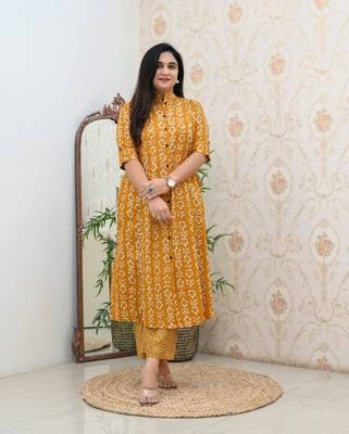 Jaipuri mustard classic printed cotton a-line kurta bottom set 1