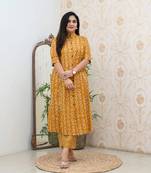 Jaipuri mustard classic printed cotton a-line kurta bottom set