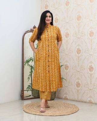 Jaipuri mustard classic printed cotton a-line kurta bottom set 2