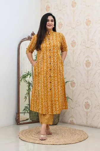Jaipuri mustard classic printed cotton a-line kurta bottom set