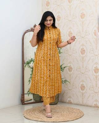 Jaipuri mustard classic printed cotton a-line kurta bottom set 3
