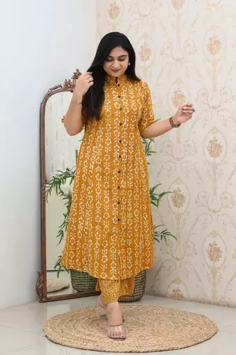 Jaipuri mustard classic printed cotton a-line kurta bottom set