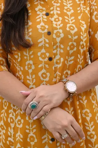 Jaipuri mustard classic printed cotton a-line kurta bottom set