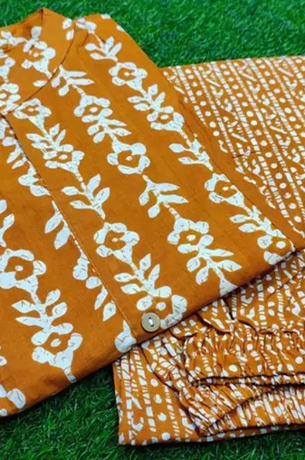 Jaipuri mustard classic printed cotton a-line kurta bottom set