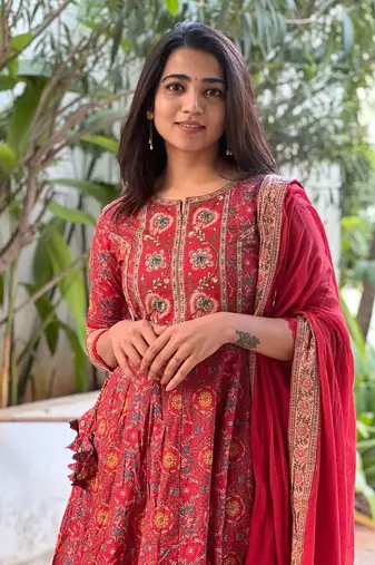 Jaipuri red cotton print 60 60 with neck work dress
