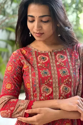 Jaipuri red cotton print 60 60 with neck work dress