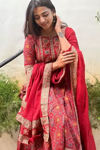 Jaipuri red cotton print 60 60 with neck work dress