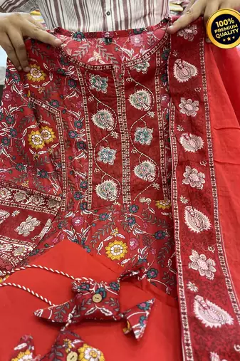 Jaipuri red cotton print 60 60 with neck work dress