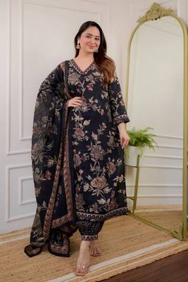 Jaipuri black cotton print 60 60 with neck work dress 1