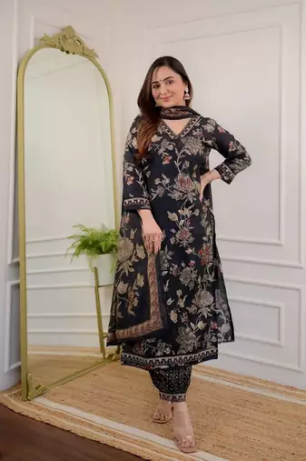 Jaipuri black cotton print 60 60 with neck work dress