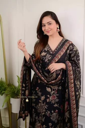 Jaipuri black cotton print 60 60 with neck work dress