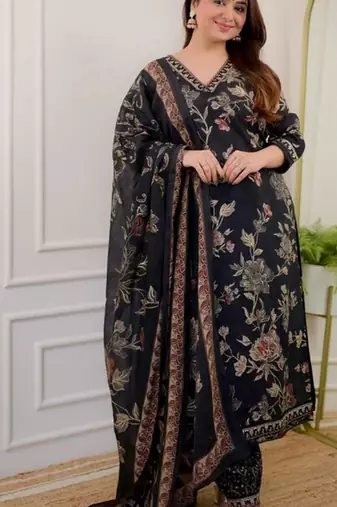 Jaipuri black cotton print 60 60 with neck work dress