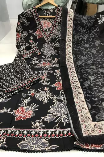 Jaipuri black cotton print 60 60 with neck work dress