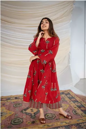 Jaipuri red cotton aline kurti pant co ord set indian pakistani salwar kameez with pockets
