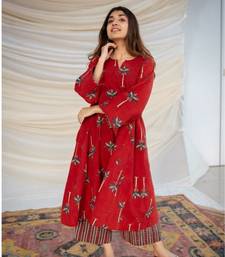 Jaipuri red cotton aline kurti pant co ord set indian pakistani salwar kameez with pockets