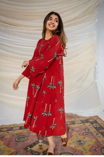 Jaipuri red cotton aline kurti pant co ord set indian pakistani salwar kameez with pockets