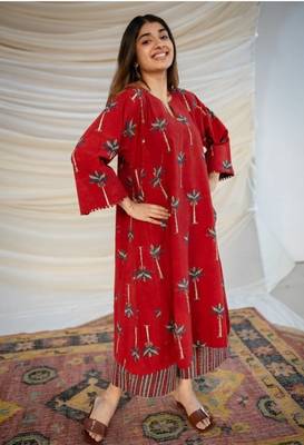 Jaipuri red cotton aline kurti pant co ord set indian pakistani salwar kameez with pockets 4