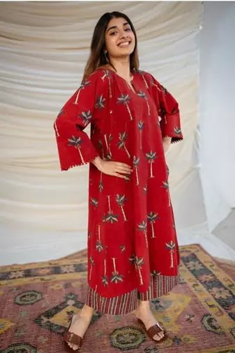 Jaipuri red cotton aline kurti pant co ord set indian pakistani salwar kameez with pockets