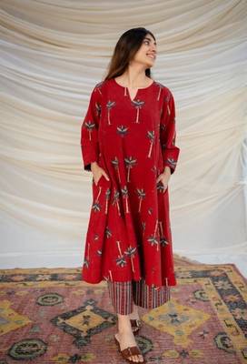 Jaipuri red cotton aline kurti pant co ord set indian pakistani salwar kameez with pockets 5