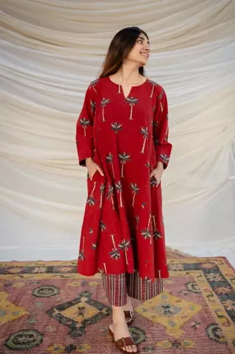 Jaipuri red cotton aline kurti pant co ord set indian pakistani salwar kameez with pockets