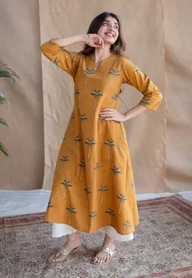 Jaipuri yellow cotton aline kurti pant co ord set indian pakistani salwar kameez with pockets 1