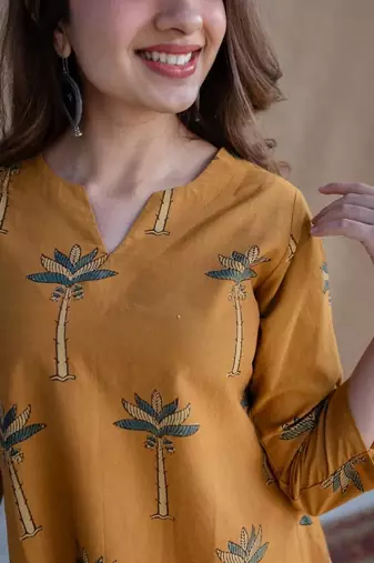 Jaipuri yellow cotton aline kurti pant co ord set indian pakistani salwar kameez with pockets