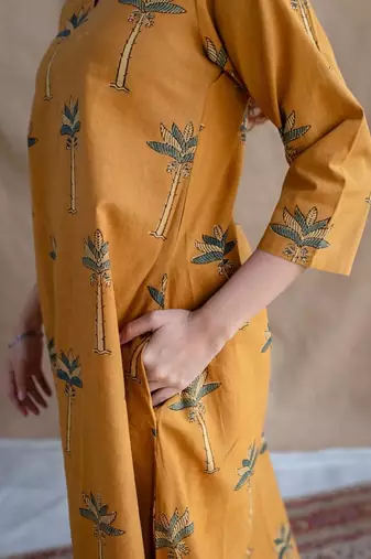 Jaipuri yellow cotton aline kurti pant co ord set indian pakistani salwar kameez with pockets