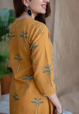 Jaipuri yellow cotton aline kurti pant co ord set indian pakistani salwar kameez with pockets 4