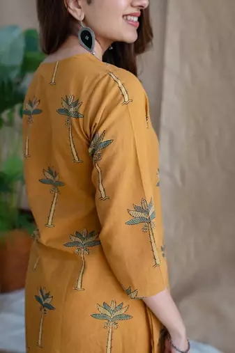 Jaipuri yellow cotton aline kurti pant co ord set indian pakistani salwar kameez with pockets
