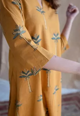 Jaipuri yellow cotton aline kurti pant co ord set indian pakistani salwar kameez with pockets 5