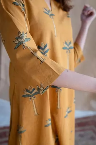 Jaipuri yellow cotton aline kurti pant co ord set indian pakistani salwar kameez with pockets