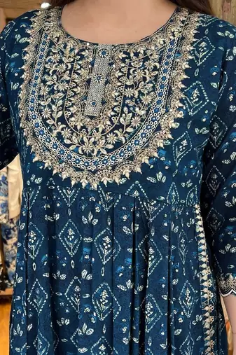 Jaipuri blue embroideblue naira cut indian pakistani salwar kameez kurti pant dupatta set