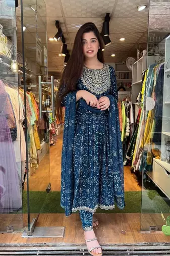 Jaipuri blue embroideblue naira cut indian pakistani salwar kameez kurti pant dupatta set
