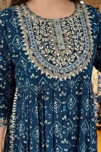 Jaipuri blue embroideblue naira cut indian pakistani salwar kameez kurti pant dupatta set