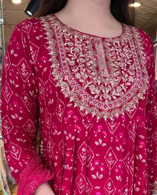 Jaipuri red embroidered naira cut indian pakistani salwar kameez kurti pant dupatta set 3