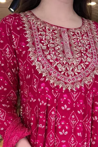 Jaipuri red embroidered naira cut indian pakistani salwar kameez kurti pant dupatta set