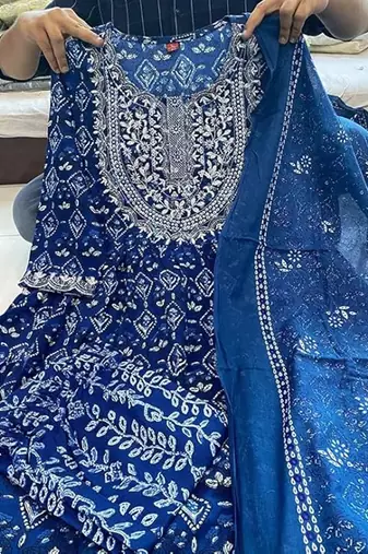 Jaipuri blue embroideblue naira cut indian pakistani salwar kameez kurti pant dupatta set