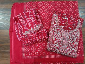 Jaipuri red embroidered naira cut indian pakistani salwar kameez kurti pant dupatta set 4