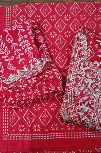Jaipuri red embroidered naira cut indian pakistani salwar kameez kurti pant dupatta set