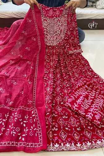 Jaipuri red embroidered naira cut indian pakistani salwar kameez kurti pant dupatta set