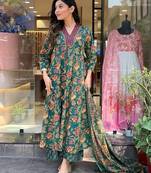 Jaipuri green women's cotton blend anarkali printed kurta with palazzo & dupatta