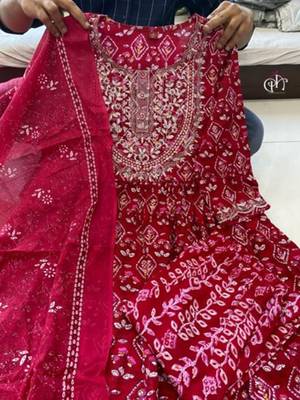 Jaipuri red embroidered naira cut indian pakistani salwar kameez kurti pant dupatta set 6