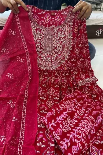 Jaipuri red embroidered naira cut indian pakistani salwar kameez kurti pant dupatta set