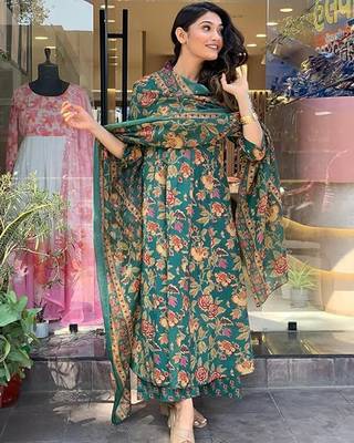 Jaipuri green women's cotton blend anarkali printed kurta with palazzo & dupatta 2