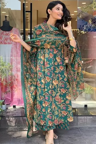 Jaipuri green women's cotton blend anarkali printed kurta with palazzo & dupatta